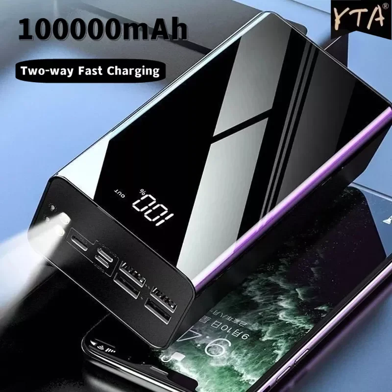 

NEW2023 100000mAh Power Bank Full Mirror Screen Portable Fast Charger Powerbank External Battery Pack Poverbank for Xiaomi Mi iP