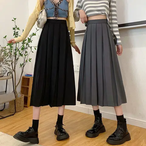 Pleated Skirts Women Temperament Long Prevalent Solid Minimalist Lovely Empire Autumn School Girls Leisure Popular Ins All-match