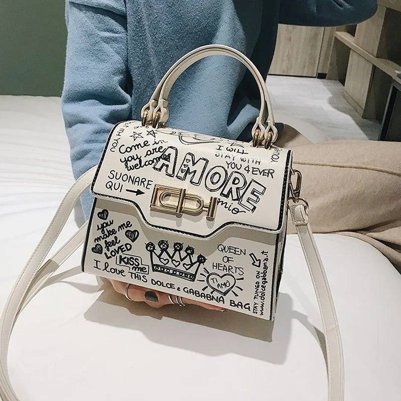 Fashion Black & White Graffiti Cartoon Pattern Box Style Pu Leather Ladies Party Handbag Shoulder Bag Crossbody Messenger Bag