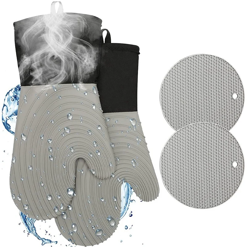 

Набор силиконовых перчаток для духовки и держателя для кастрюль, 4 Длинные термостойкие водонепроницаемые Нескользящие перчатки для духов...