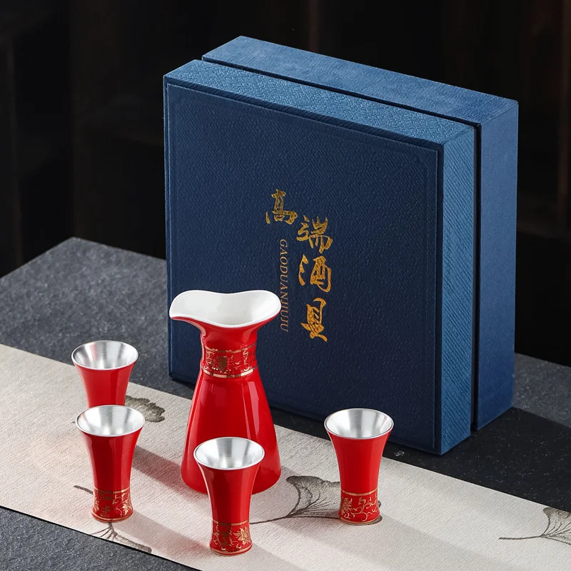 Chinese Red Silver Plating Shot Glasses Set Gift Box Upscale Porcelain Wine Cup Suit XO Chivas Vodka Brandy Snifter Dropshipping