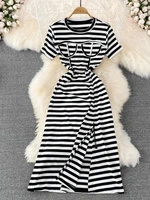 foamlina retro style white and black striped dress women summer korean chic short sleeve slim drawstring slit midi party dress