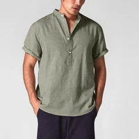 2022 summer new fashion european and american trend men casual cotton linen loose stand up collar all match short sleeved shirt