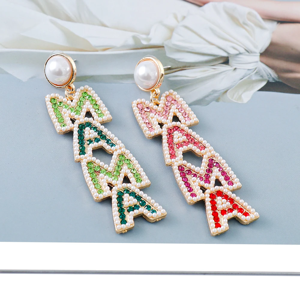 

2022 New Designer Jewelry English Letters Mama Dangle Earrings for Women High-quality Rhinestone Pearl Earring Mother's Day Gift