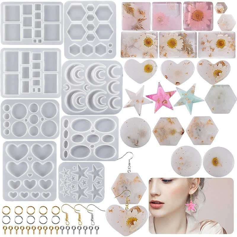 

DIY Epoxy Resin 3d Mold Pentagram Round Heart Square Pendant Earrings Silicone Mold