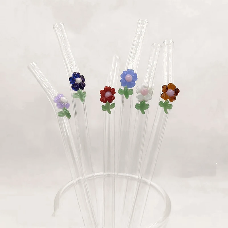 

High Borosilicate Flowers Glass Drinking Straws Reusable Bar Tool for Coffee Mug Tea Beer Cocktail Smoothies Juices Home Party