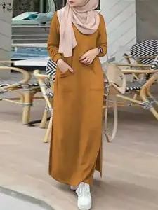 ZANZEA Long Sleeve O-Neck Side Pocket Sundress Spring Women Muslim Dress  Fashion Casual Elegant Abaya Kaftan Maxi Long Vestido