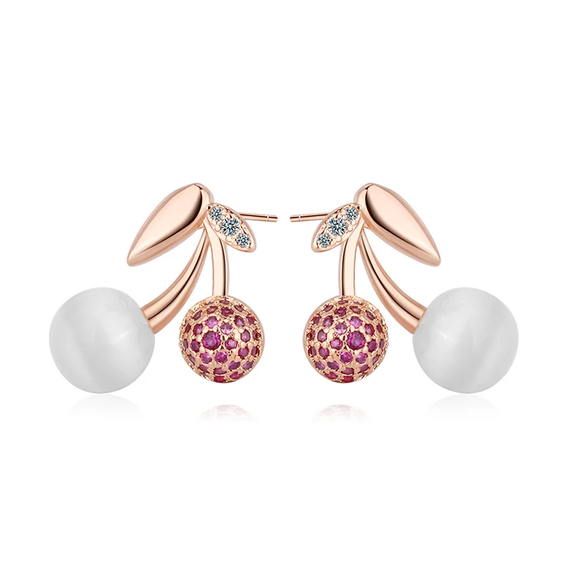 

Cute Sweet Cherry Shaped Opal Stud Earrings Women Fashion Rose Gold Inlaid Pink Zirconia Earrings For Girl Trendy Jewelry Gift