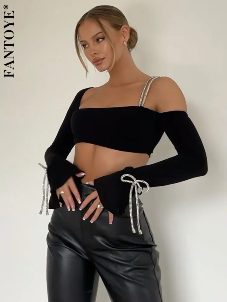 

Fantoye Sexy Off Shoulder Flare Sleeve Women Tops Black Long Sleeve Solid Casual T-shirts Women Spring Skinny Fashion Streetwear