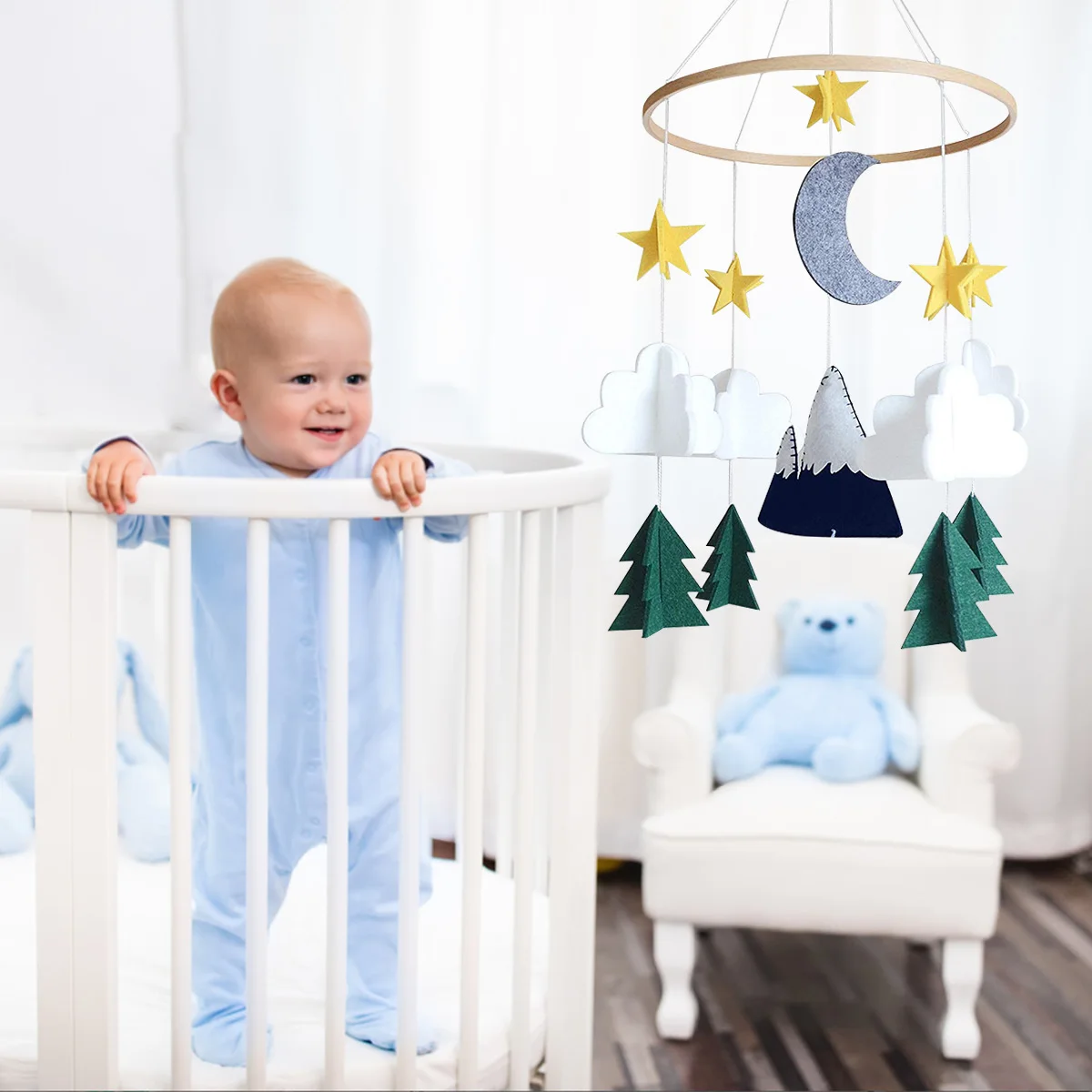 

Детские фетровые колокольчики, подвижная детская кровать, 3D Звездные облака, лес, колокольчик, украшение для детской кроватки ручной работы