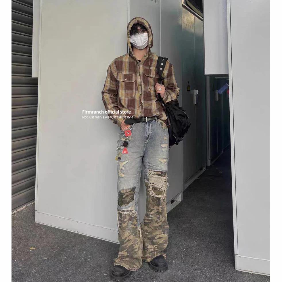 Firmranch американские винтажные камуфляжные рваные джинсы с грязной иглой и