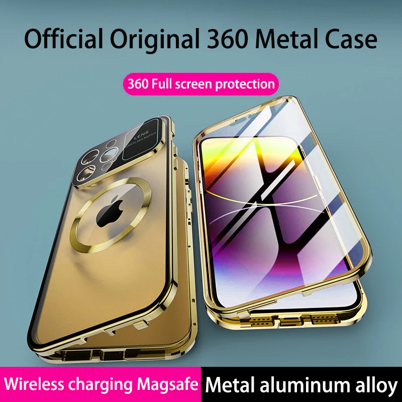 For iPhone 14 13 12 Pro Max Case 360° Screen Camera HD Glass Metal Aluminum Alloy Magnetic Magsafe Adsorption Protection Cover