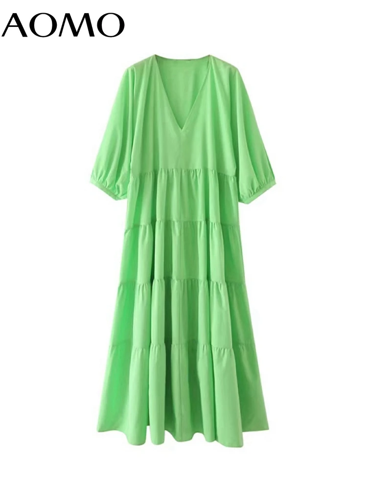 

AOMO Fashion Women Solid Elegant Green Dress Loose Lantern Sleeve V Neck Ladies Midi Dress 5X29A