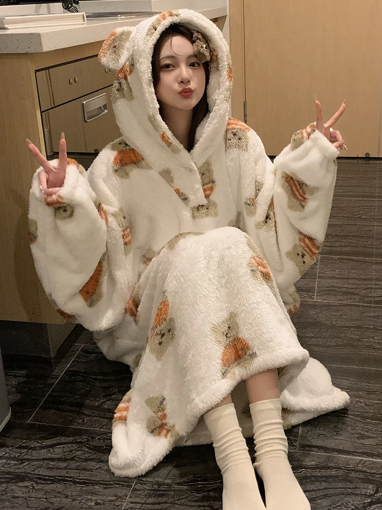 Япония GP коралловый флис длинная ночная рубашка для женщин зимняя милая толстая