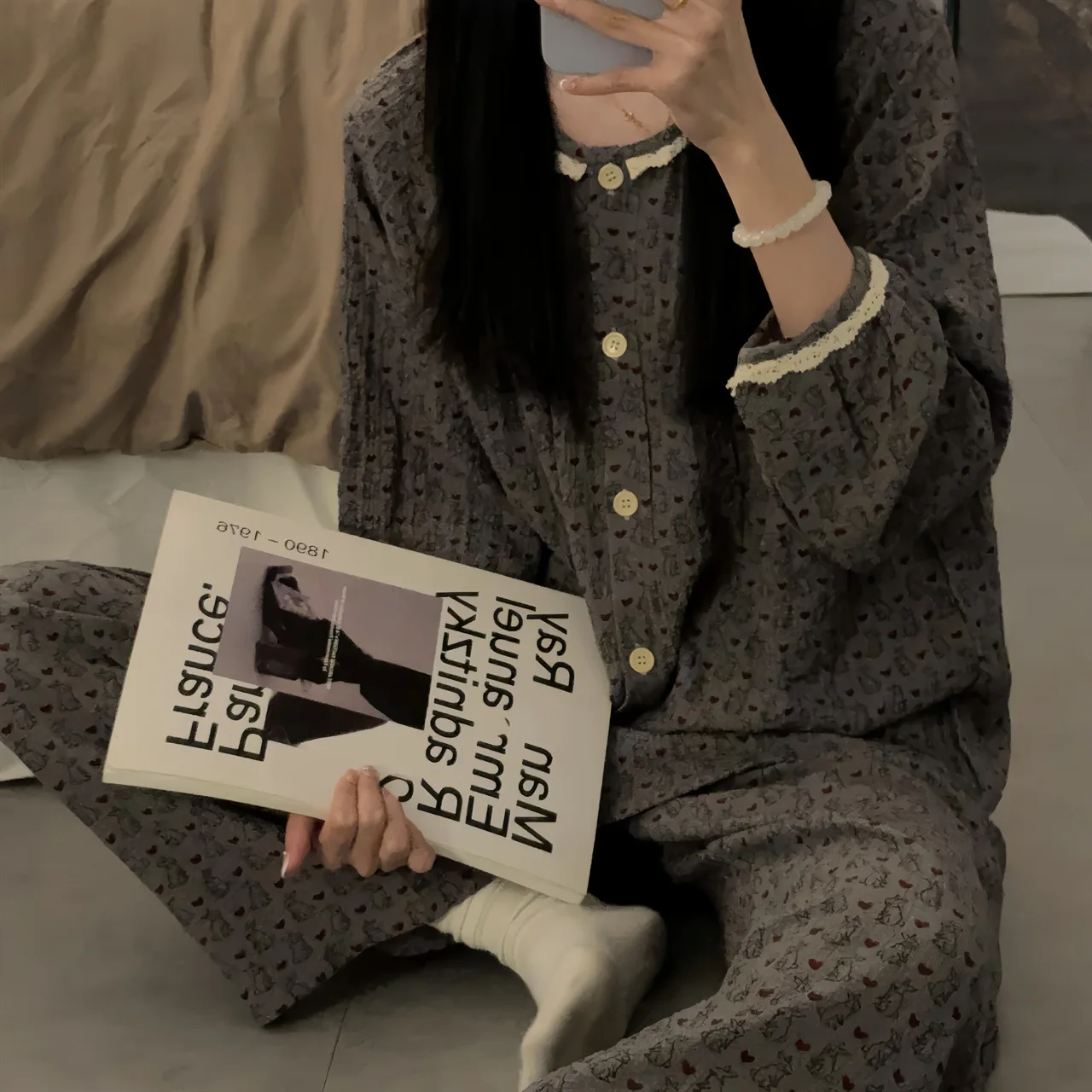 Осенняя серая женская пижама Seersucker с длинным рукавом новинка 2024 милая домашняя