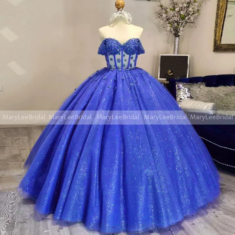 

Princess Royal Blue Quinceanera Dresses with Flowers Applique Off Shoulder Sweetheart Illusion Boning Tulle Ball Gown Prom Dress