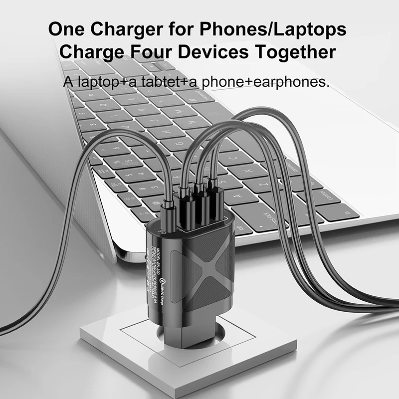 VAORLO 48 Вт 3.1A 3USB + PD Type-C быстрое зарядное устройство 4 порта зарядный кабель EU/US/UK