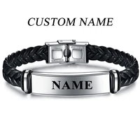 punk personalized custom name engrave logo wave leather bracelet customize stainless steel bracelets for women men id bracelet