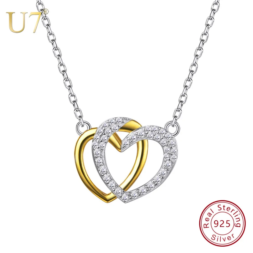 

U7 925 Sterling Silver Bridesmaid Gift Gold Color CZ Two Heart Pendant&Chain 2018 Mother's Day Gift Women Jewelry Necklace SC47