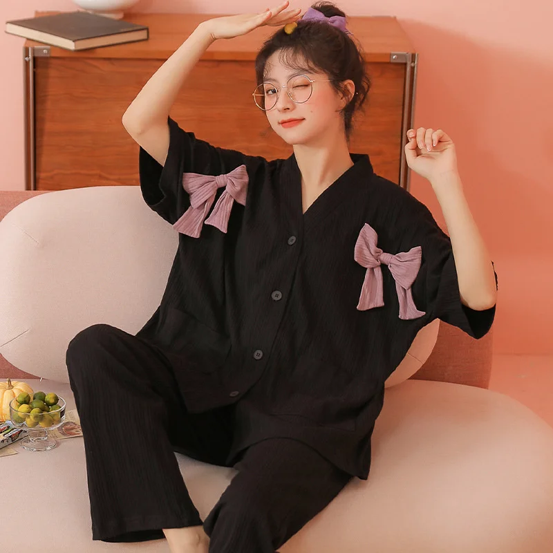 2022 New Spring And Summer Pajamas Women's Cotton Short Sleeved Cardigan Kimono Cartoon Lovely Girl's Home Clothes