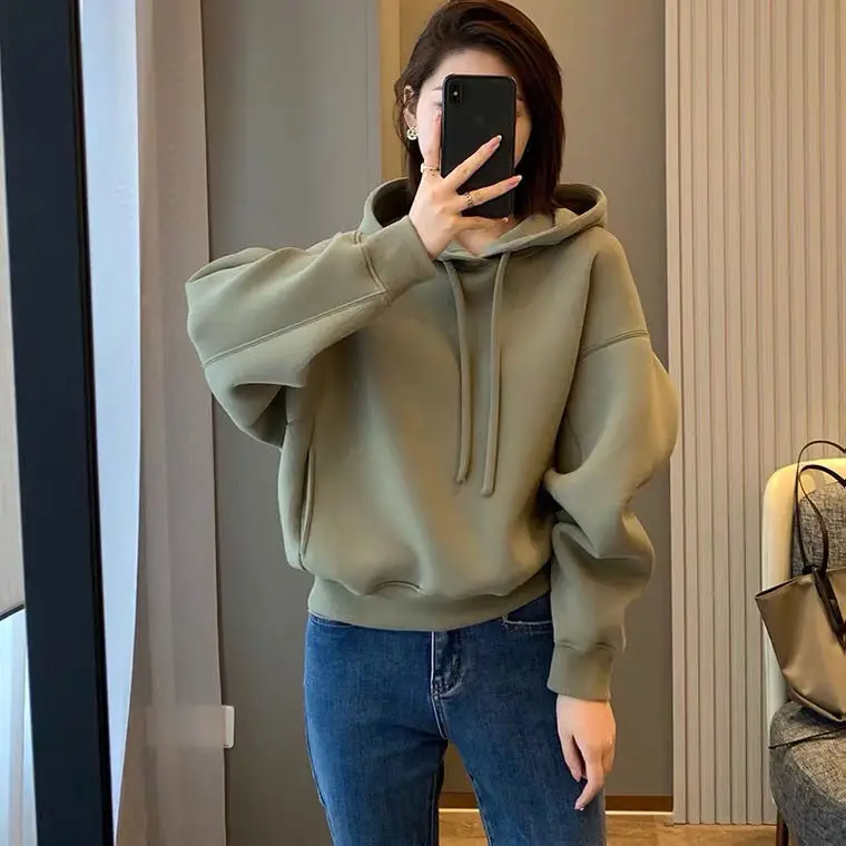 

Solid Cotton Sweatshirt Women Loose Long-sleeved Women American Style 90s Fall Clothes Retro Sweat-shirt Egirl Clothing A324
