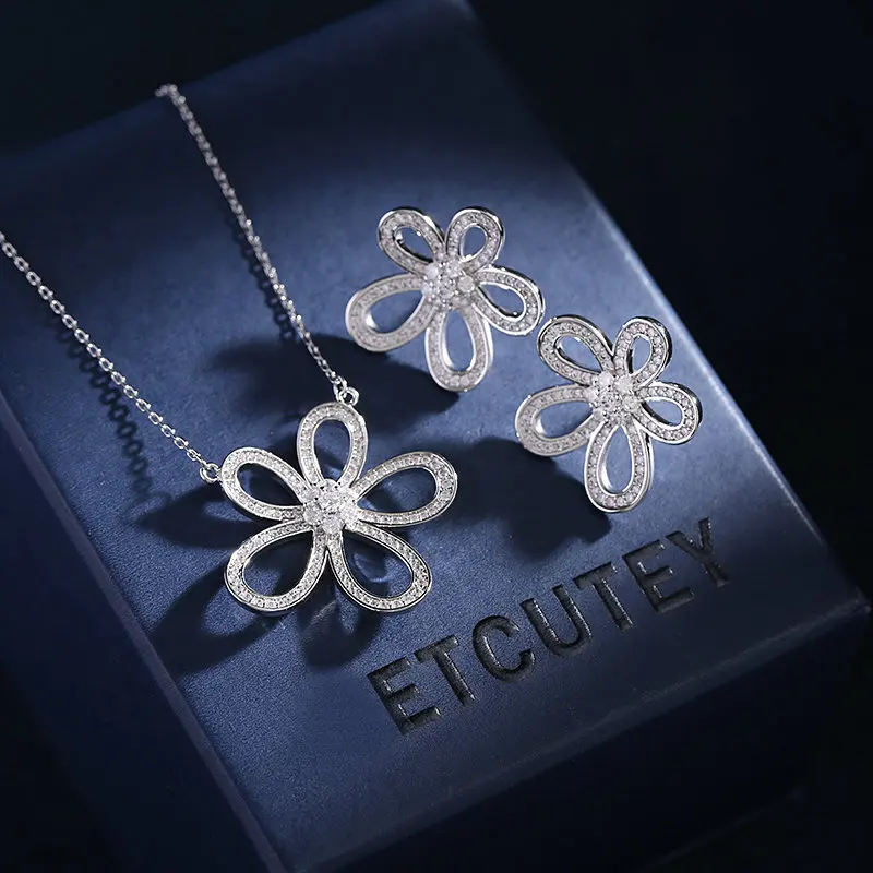 

light luxury niche design earrings clavicle chain zircon inlaid flower necklace earrings set women jewelry LYJ088