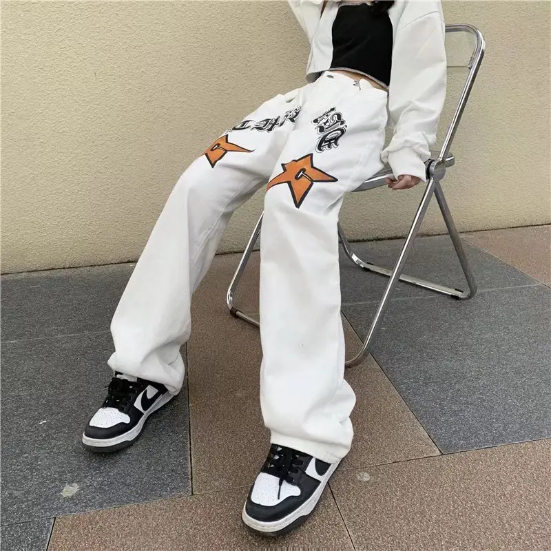 2022 New Arrivals Star Print Harajuku White Men Baggy Jeans Trousers Hip Hop Straight Loose Women Casual Denim Pants Ropa Hombre