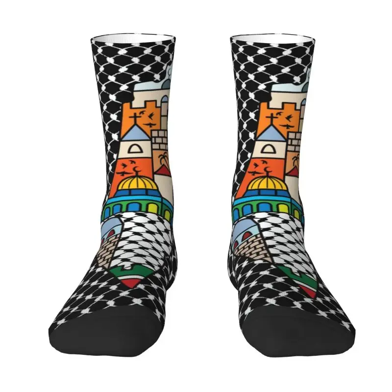 

Novelty Printed Palestinian Map With Kufiya Hatta Pattern Socks Stretch Summer Autumn Winter Palestine Jerusalem Crew Socks