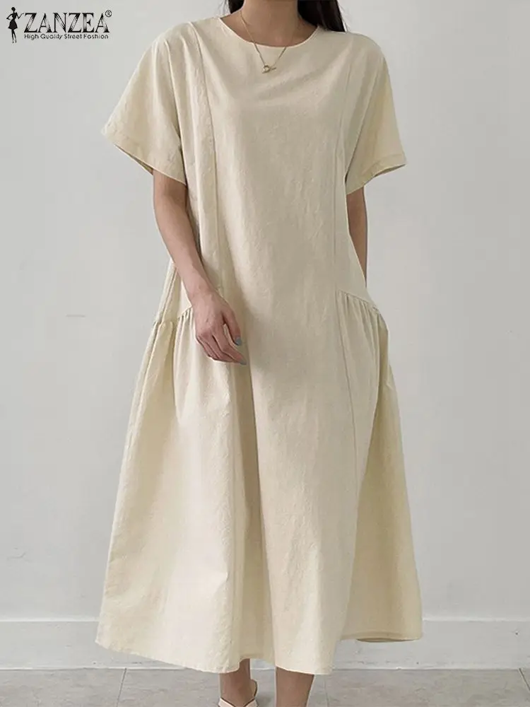 

Oversize Casual Short Sleeve Dresses ZANZEA Chic O Neck Sundress 2022 Summer Baggy Maxi Vestido Women Vintage Solid Cotton Dress