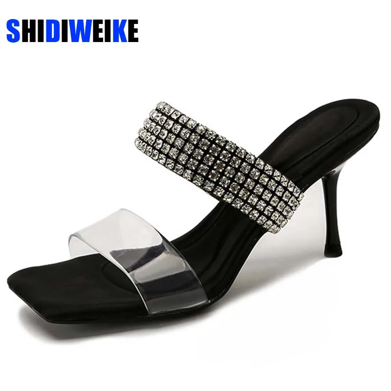 2022 Black Rhinestones Heeled Slippers Pump Women Elegant Sparkly Sandals Summer Slippers Woman Sexy High Heels Slingbacks