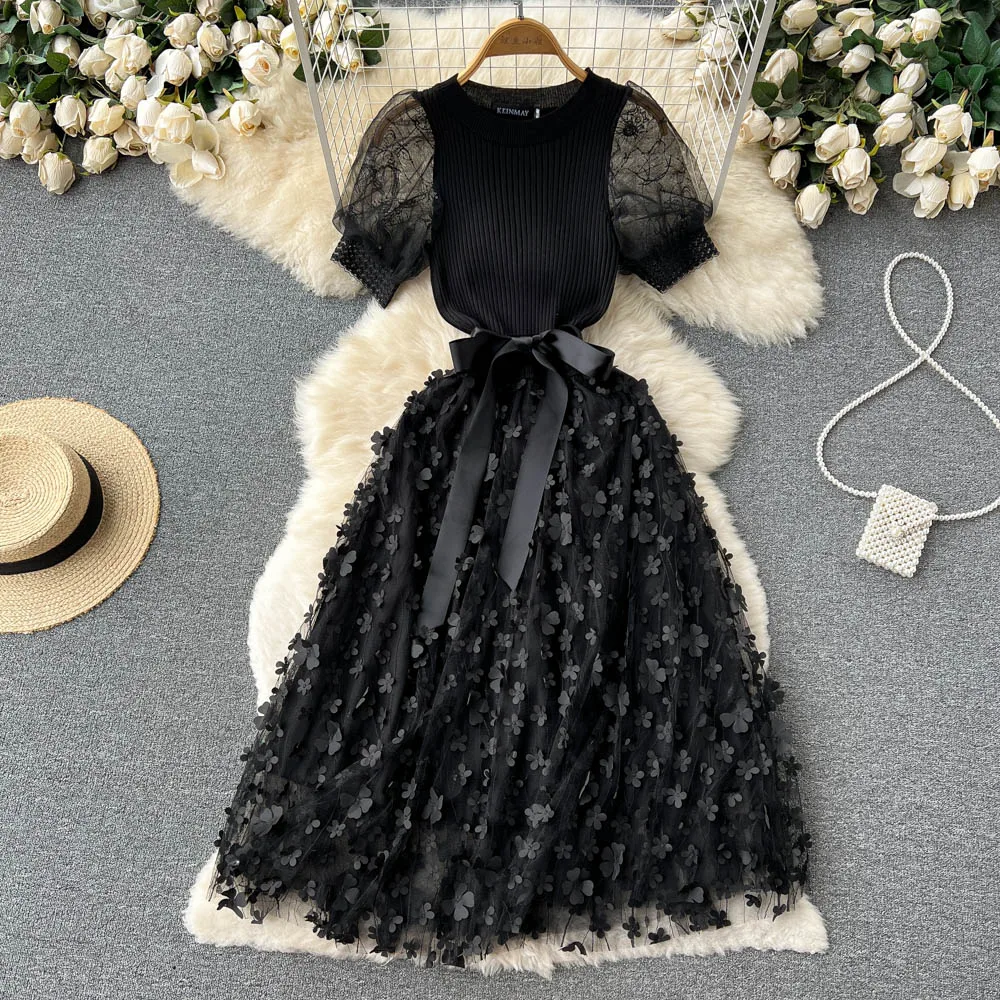 

French Short Puff Sleeve Black Dress Women's Summer New Fashion Round Neck Fluffy A-line Elegant Clothes Vestido De Mujer G803