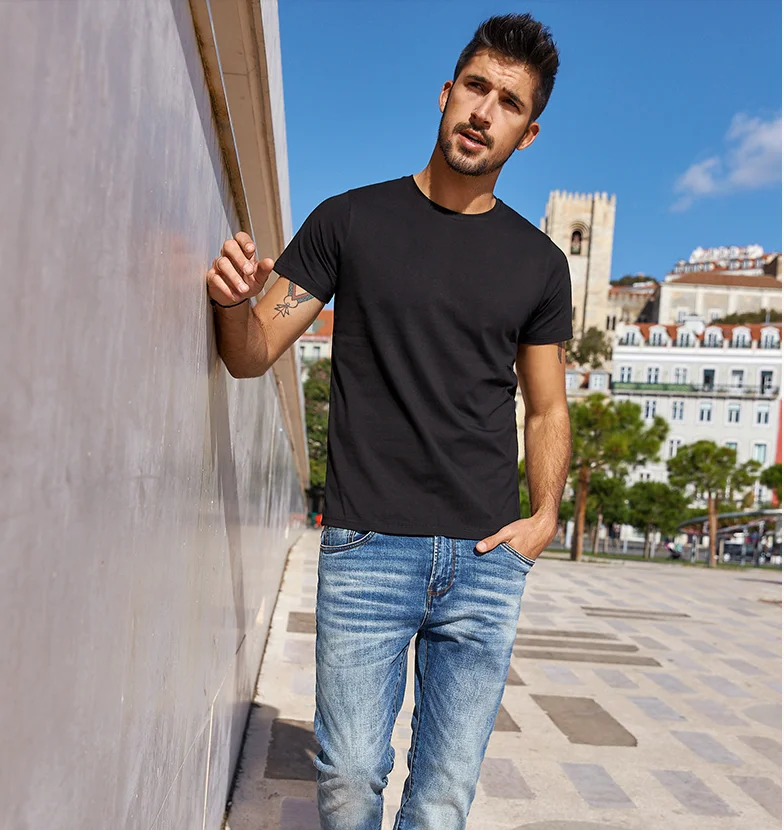 

W2638-Men's short sleeved T-shirt summer men's slim fit men's white top round neck solid color bottomed shirt