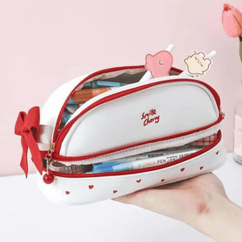 

Cute PU Girl Heart Double Pencil Bag Ins Style Simple Stationery Box Large Capacity Classic Fashion Pencil Cases