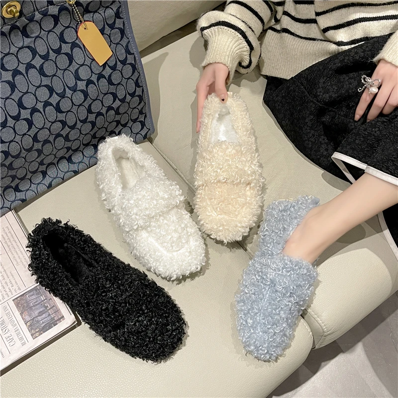 Luxury Lambwool Moccasins Femme Winter Cotton Shoes Women Warm Plush Loafers Comfy Curly Sheep Fur Flats Woman Muller Shoes