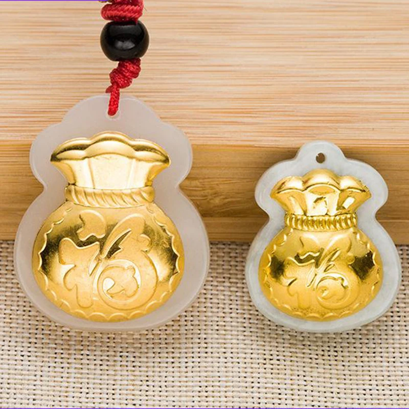 

HOYON Certified Yellow Gold AU999 24k Pure Gold Lucky Pocket Bag Pendant White Jade for Couple Men and Women's Jewelry Gifts