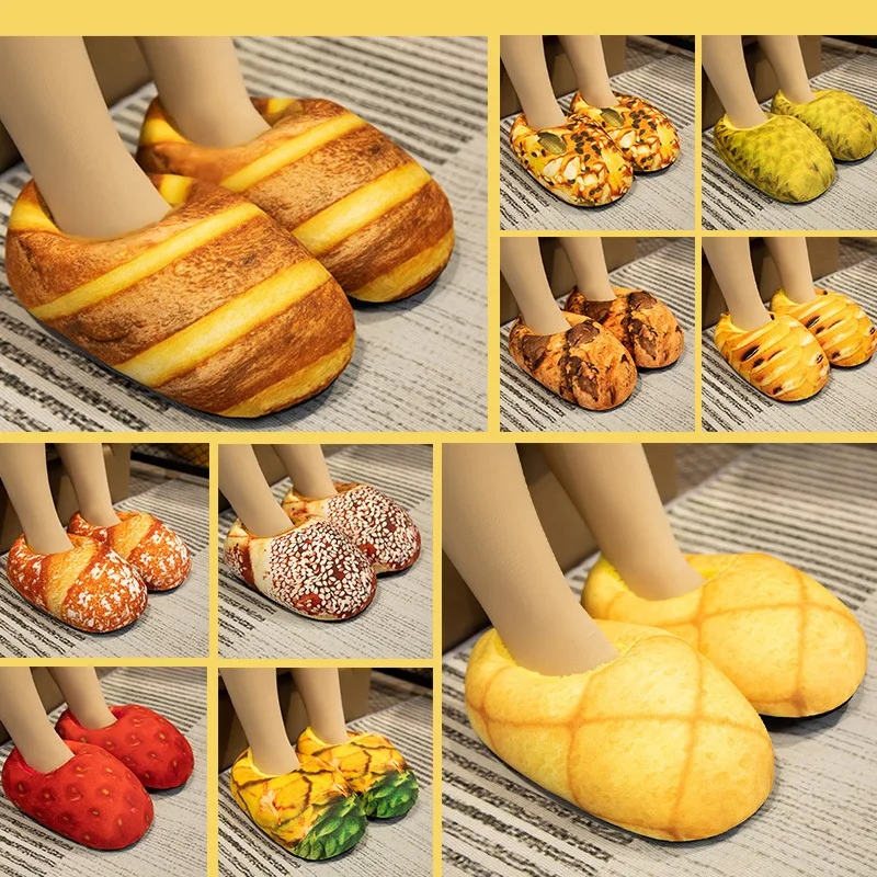 

Creativity Bread Toast Cotton Slippers for Women 2023 Fur Mules Shoes Women Furry Winter Slippers Men Designer Shoes