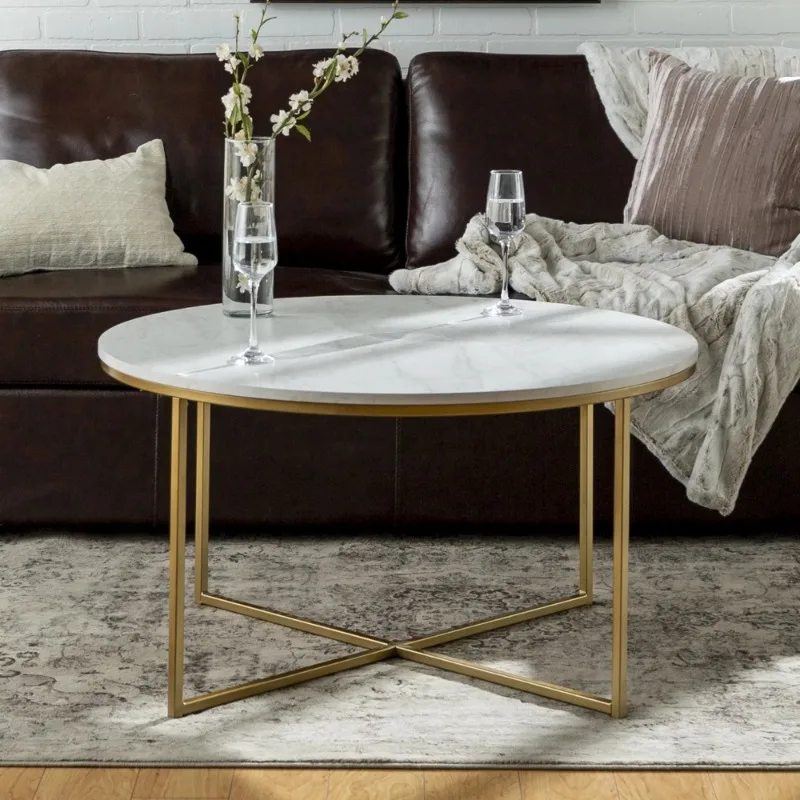 

Ember Interiors Modern Round Coffee Table, Faux White Marble/Gold furniture living room