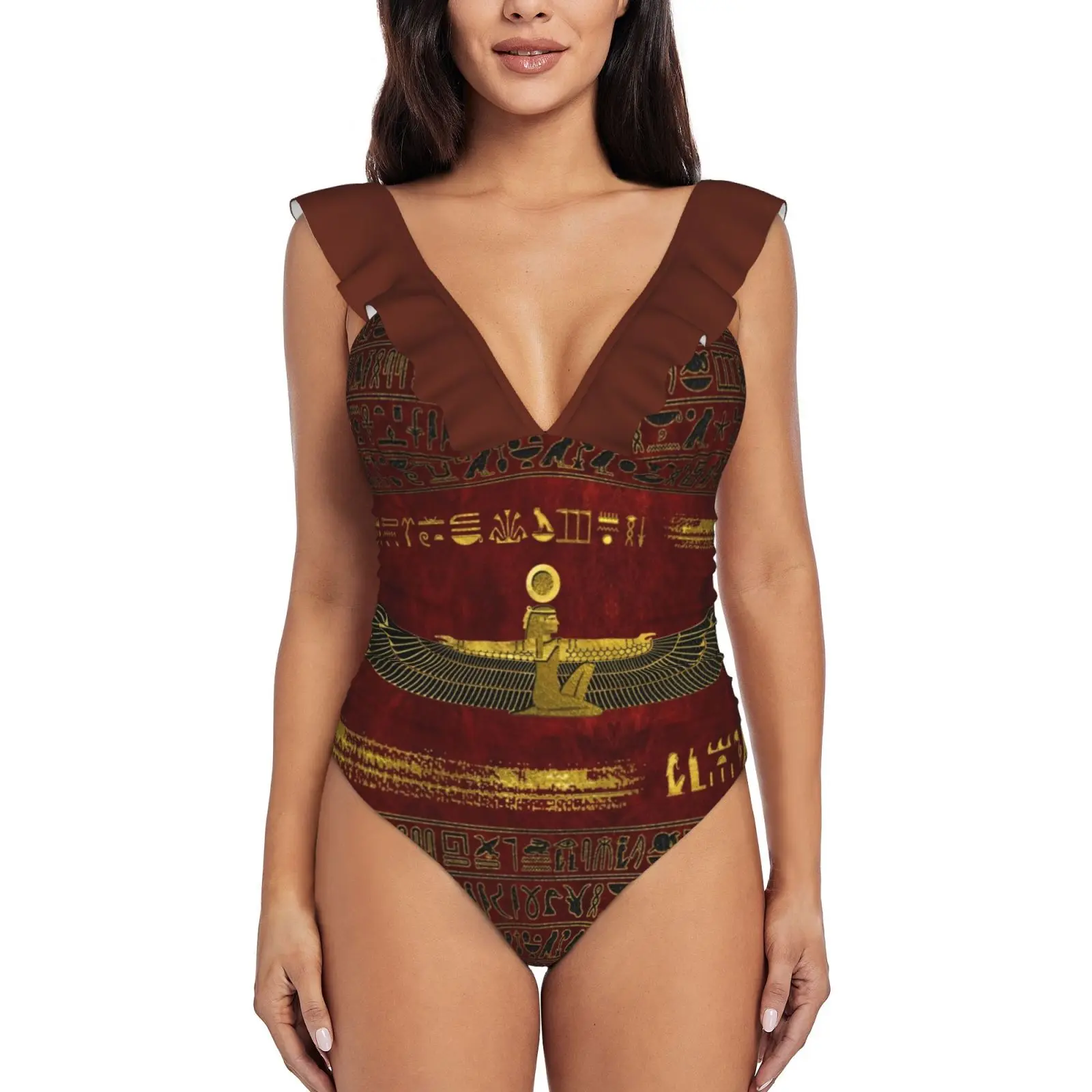 

Golden Egyptian God Ornament On Red Leather Sexy One Piece Swimsuit Women Swimwear Monokini Ruffle Bathing Suit Beach Wear