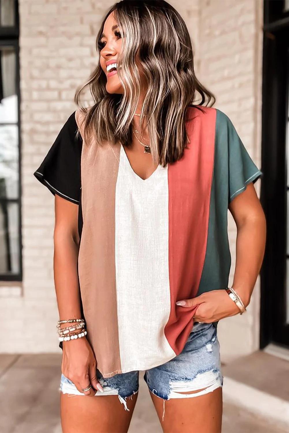 

Women's Summer V Neck Top Casual Color Block Loose T-Shirt