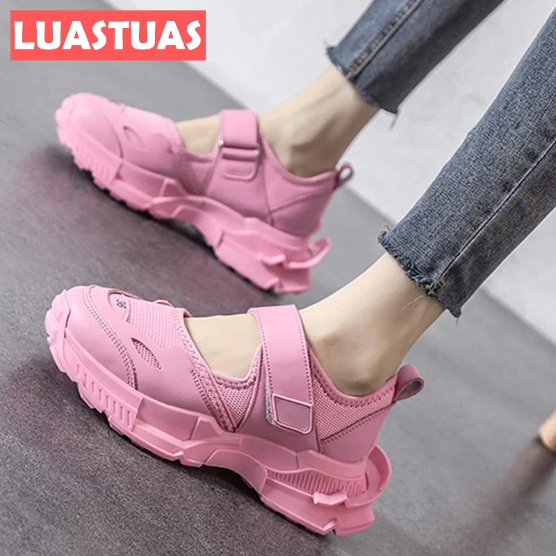 

LuasTuas New Fashion Real Leather Sneakers For Women 2022 Hook&Loop Summer Thick Bottom Casual Ins Ladies Footwear Size 35-40