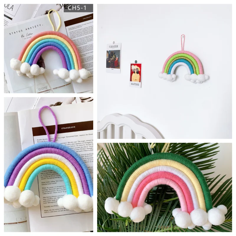 

Rainbow Wall Hanging Decor for Nursery Nordic Nursery Handmade Woven Tapestry Felt Ball Macrame Decor for Kid Room Cute Ornament