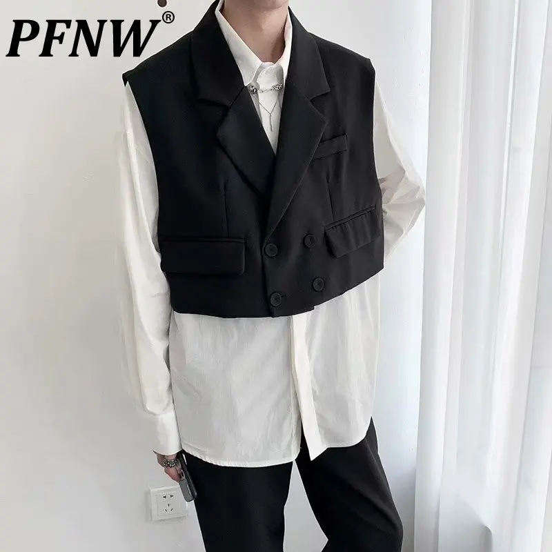 

PFNW Men's Urban Techwear Fake Two-Piece Shirts Long Sleeve Design Contrast Color Darkwear Back Zipper Detachable Vest 12Z2006