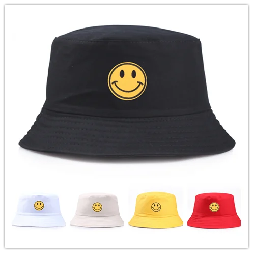 

Fashion Smile Face Bucket Hats Spring Summer Solid Embroidery Cotton Panama Caps for Women Men Hip Hop Bob Sun Fisherman Hat