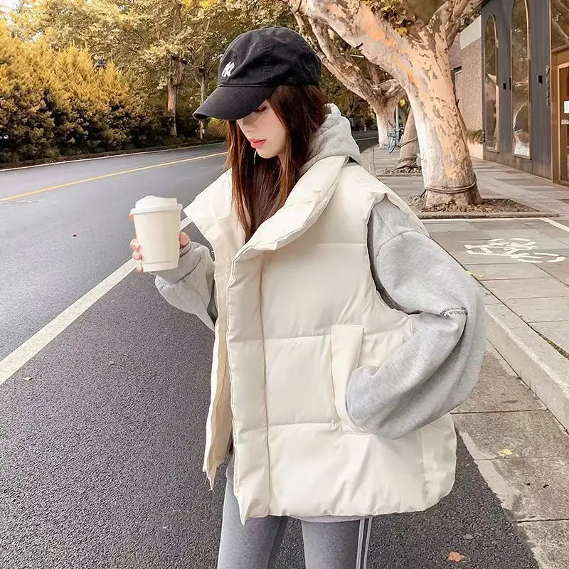 

2023 Winter Down Cotton Vest Women Loose Solid Sleeveless Jacket Coat Female Black White Vests Autumn Lightweight Waistcoat Q384