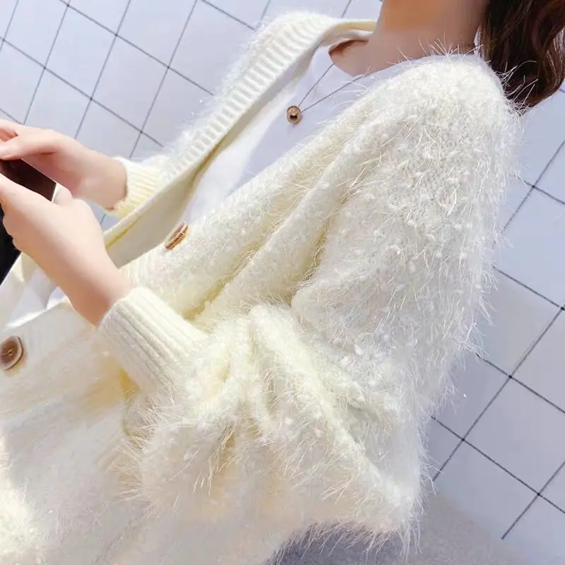 

Women 2021 Spring Autumn Elegant Hairy Mohair Knitted Cardigan Sweater Coat Female Casual Loose Fashion Single Breasted Outwear