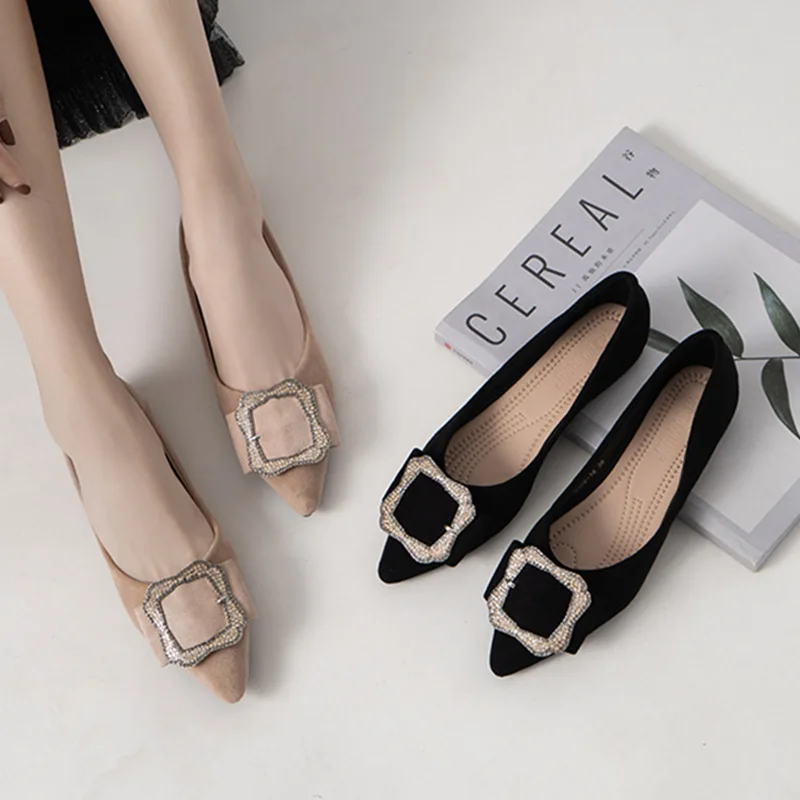 Zapatos planos negros para mujer, calzado de trabajo cómodo con diamantes de imitación, punta estrecha y botón cuadrado, de buena calidad, fáciles de combinar