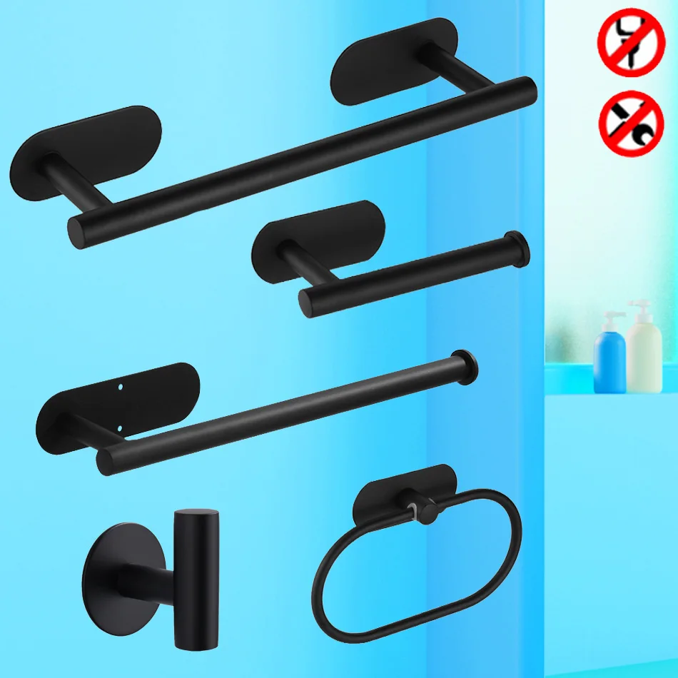 

Black Bathroom Hardware Set Adhesive 304 Stainless Steel Wall Mounted WC Paper Towel Holder Ring Bar Coat Hook Bath Accessories