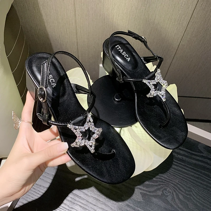 

Fashion Women Sandals Clip Toe Black Silver Star Flat Mid Heels Ankle Strap Sexy Party Pumps Ladies Dress Sandals Pumps 35-39