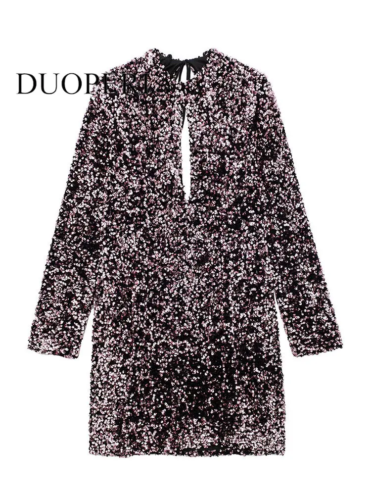 

Женское платье-мини с блестками, круглым вырезом и длинным рукавом