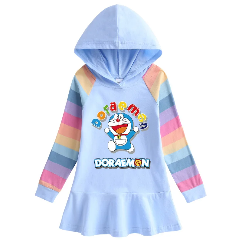 

Doraemon Spring Fall Cotton Cartoon Rainbow Girls Dress Children's Long Sleeve Hooded Dress Princess Dress Baby Elegant Vestidos